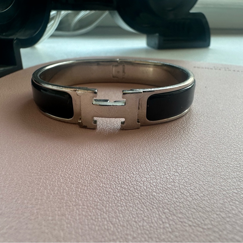 HERMES PM Black Enamel Clic Clac H Bracelet - Platinum